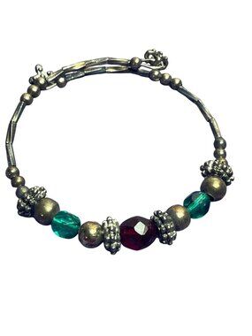 Artisan Boho Beaded Memory Wire Bracelet Antiqued Silvertone Glass Green Red